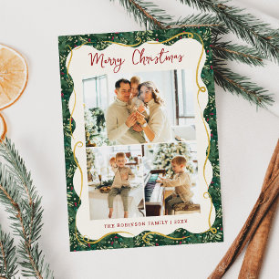 Chic Forest Green Botanical Christmas 3 Photo Holiday Card