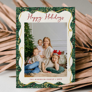 Chic Forest Green Botanical Happy Holidays 1 Photo Holiday Card