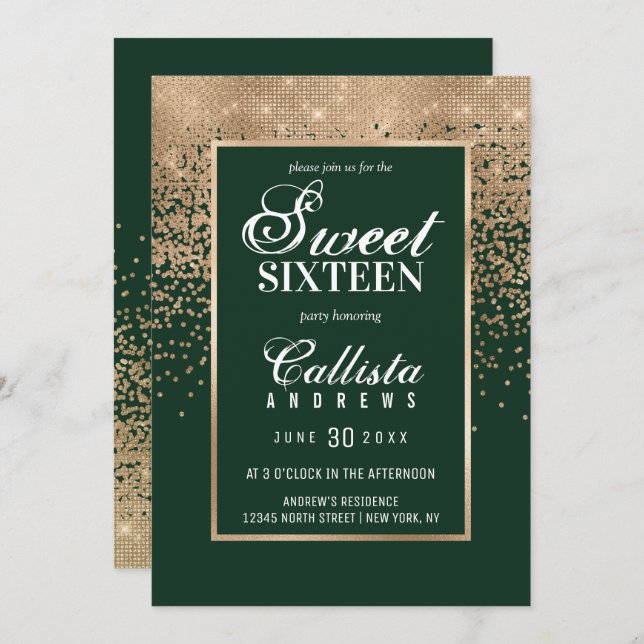Chic Forest Green Gold Glitter Confetti Sweet 16 Invitation (Front/Back)
