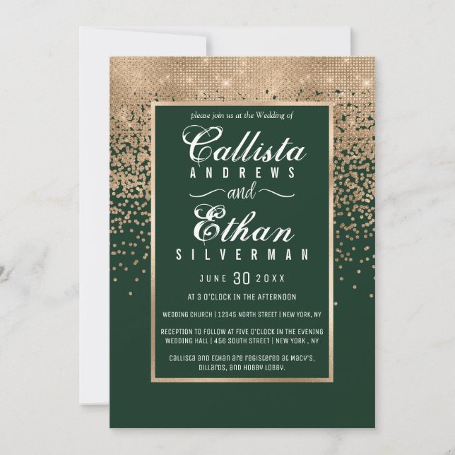 Chic Forest Green Gold Glitter Confetti Wedding Invitation (Front)