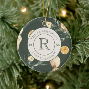 Chic Forest Green Watercolor Monogrammed Newlywed Ceramic Ornament