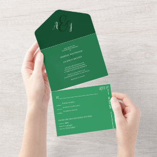 Chic Forest Green Wedding All In One Invitation