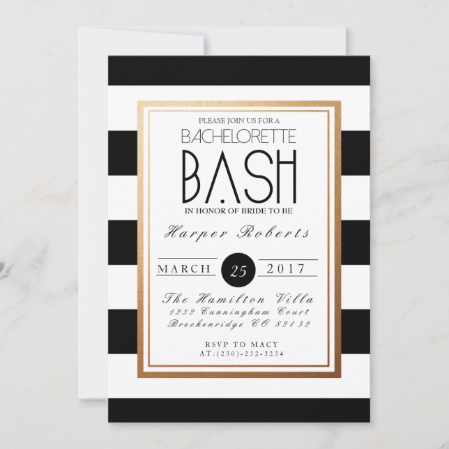 Chic & Formal Bachelorette Bash | Gold & Black Invitation (Front)