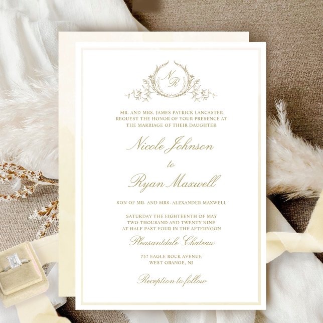 Chic Formal Champagne Monogram, Watercolor Wedding Invitation (Creator Uploaded)