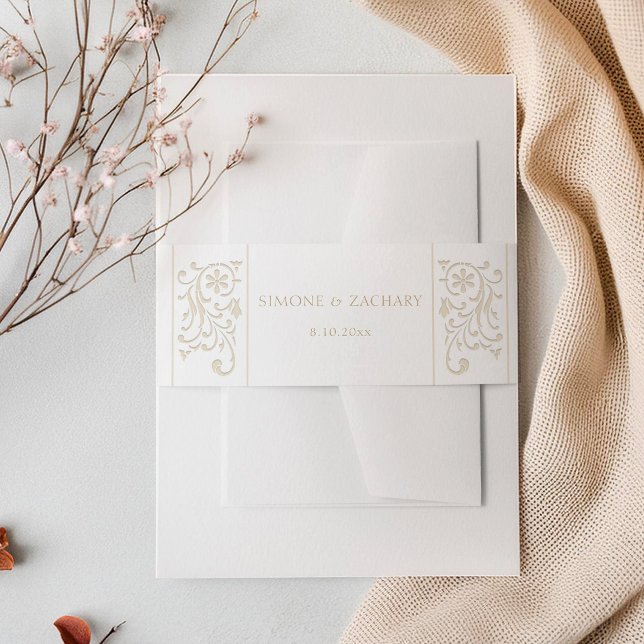 Chic Formal Ecru Scrollwork Border Wedding Invitation Belly Band (Creator Uploaded)