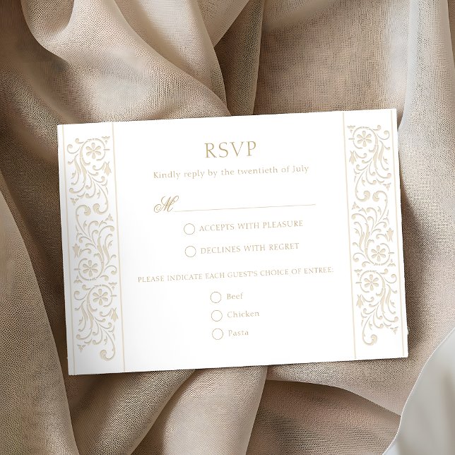 Chic Formal Ecru Scrollwork Border Wedding RSVP Card (Creator Uploaded)