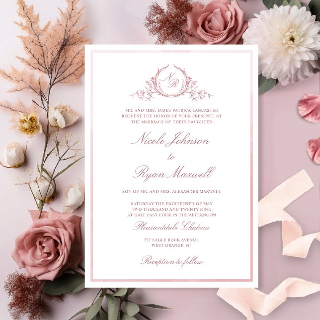 Chic Formal Monogram Dusty Rose Watercolor Wedding Invitation (Creator Uploaded)