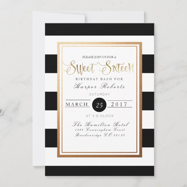 Chic & Formal Sweet Sixteen | Gold & Black Invitation (Front)