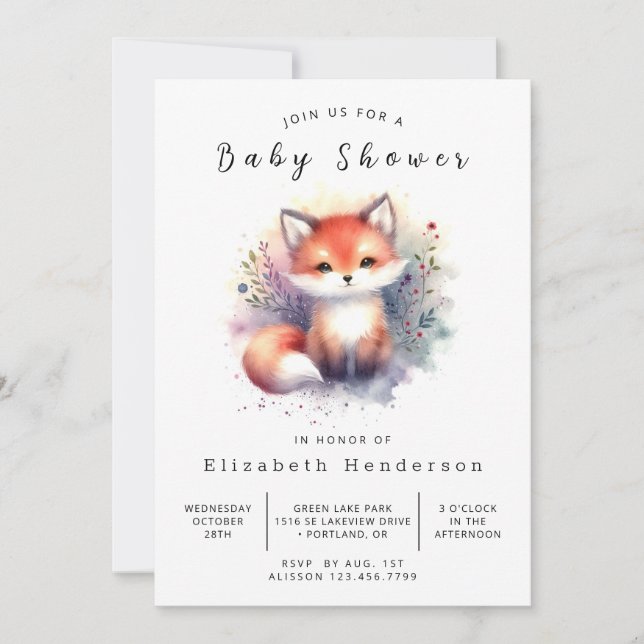 Chic Fox Illustration Fox Baby Shower Invitation (Front)