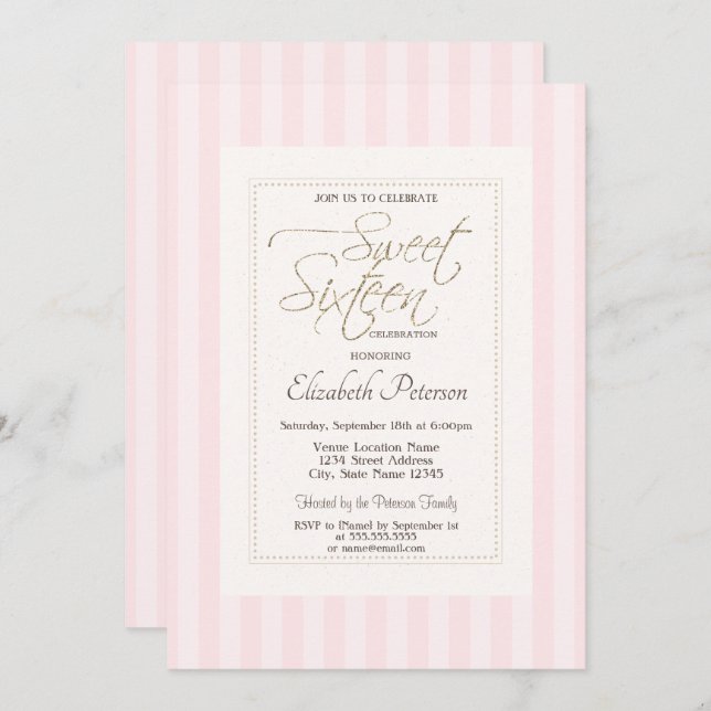 Chic Frame Pink Striped Sweet 16 Invitation (Front/Back)