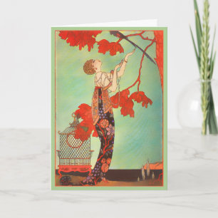 Chic French Art Nouveau Parrot Birdcage Garden Art Holiday Card