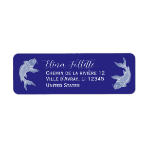 Chic French blue and white Koi fish return address Label