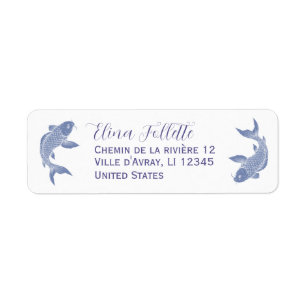 Chic French blue and white Koi fish return address Label