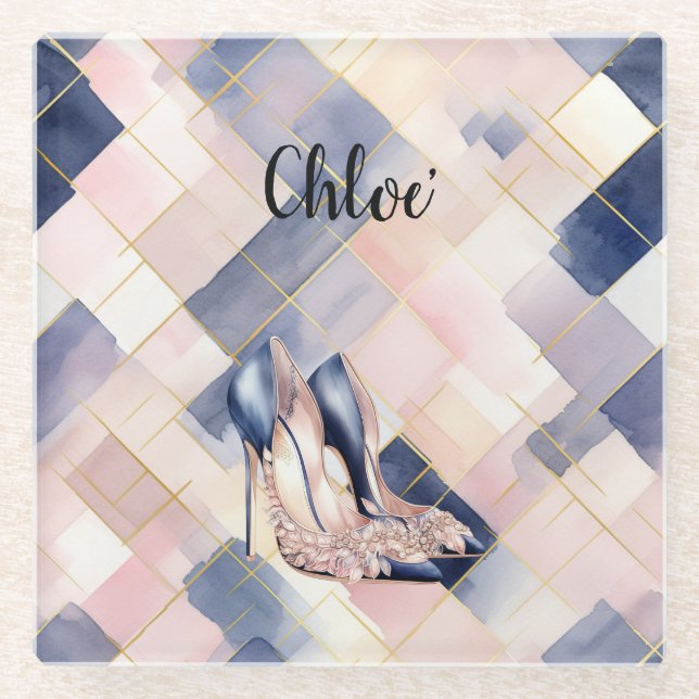 Chic French Blue Cream Blush High Heels Glass Coaster (Front)