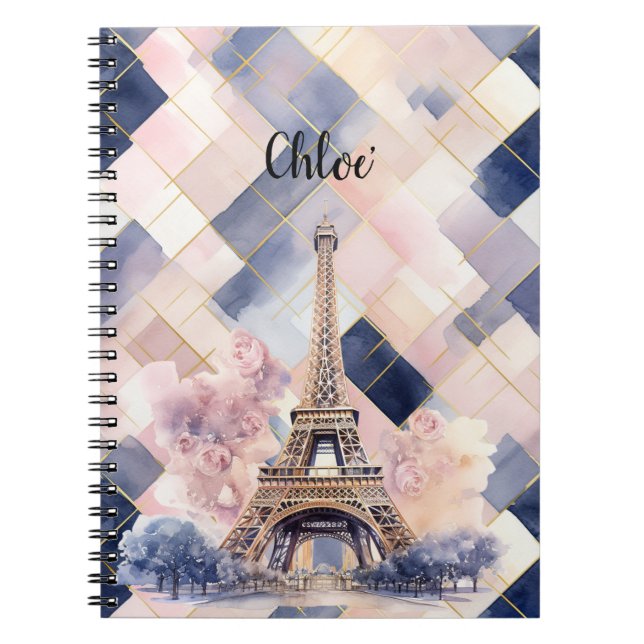 Chic French Blue Pink Eiffel Tower Notebook (Front)