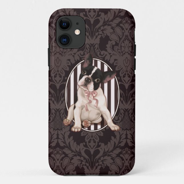 Chic french bulldog and black damask Case-Mate iPhone case (Back)