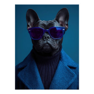 Chic French Bulldog Portrait in Deep Blue and Viol Poster