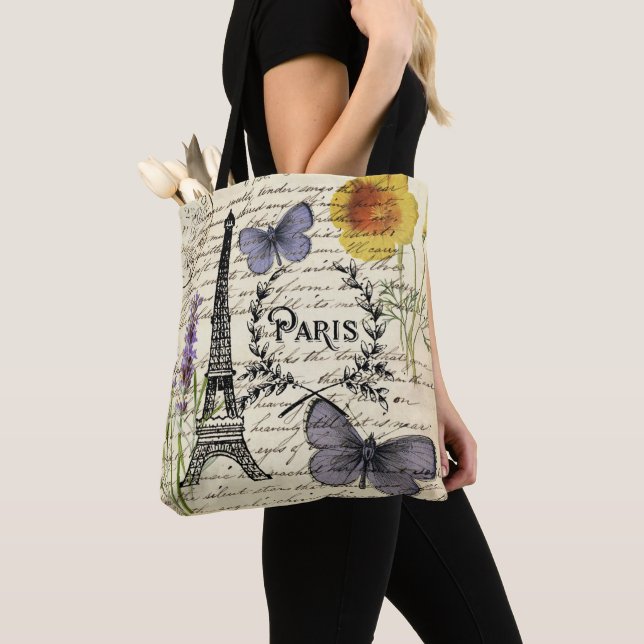 chic french butterfly scripts paris eiffel tower tote bag (Close Up)
