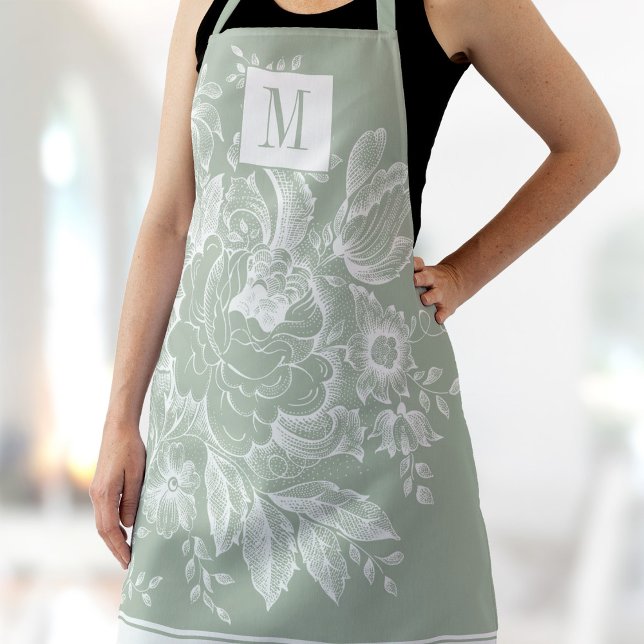 Chic French Farmhouse Peony Monogram Light Green Apron (Creator Uploaded)