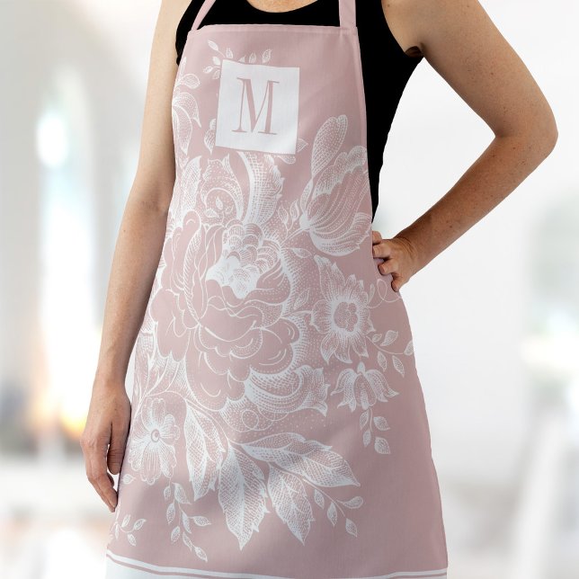 Chic French Farmhouse Peony Monogram Light Pink Apron (Creator Uploaded)
