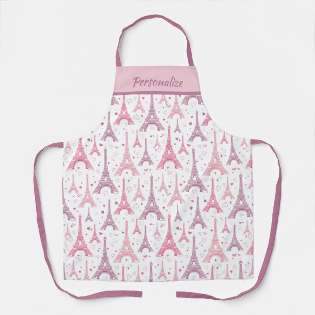 Chic French Paris Eiffel Tower Pink Purple Design Apron (Front)