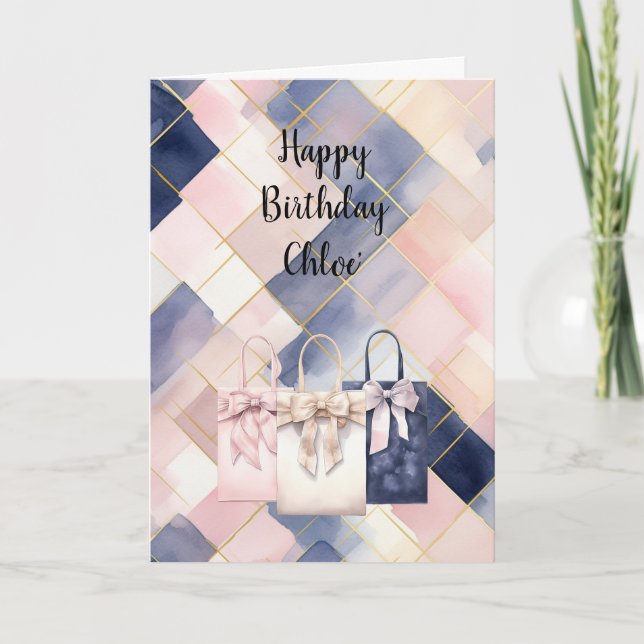 Chic French Pink Blue Gift Bags Bow Birthday Card (Front)