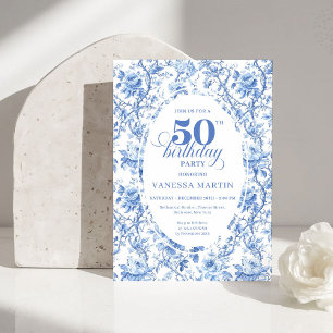 Chic French Toile de Jouy Blue Roses 50th Birthday Invitation