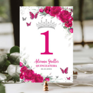 Chic Fuchsia Pink Floral Quinceañera XV Sweet 16 Table Number