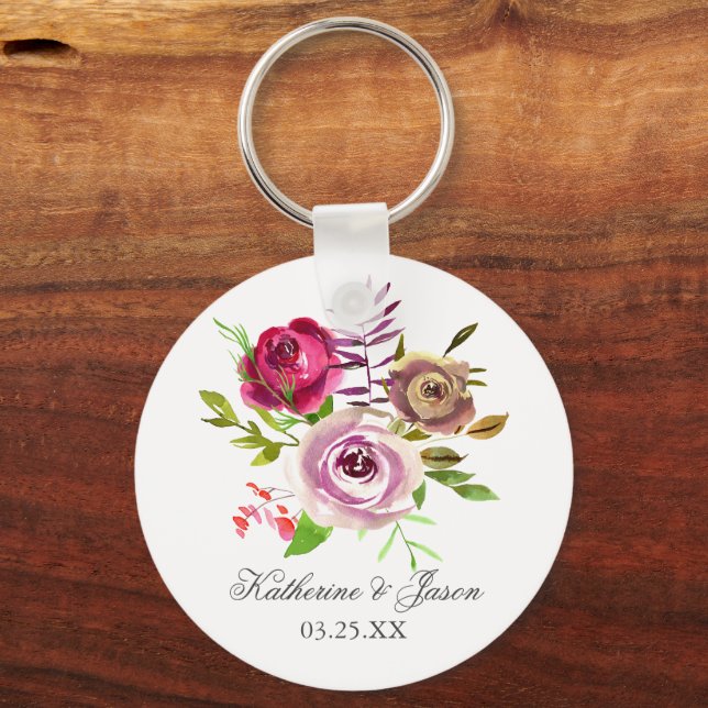 Chic Fuchsia Pink Floral Romantic Garden Wedding Key Ring (Front)