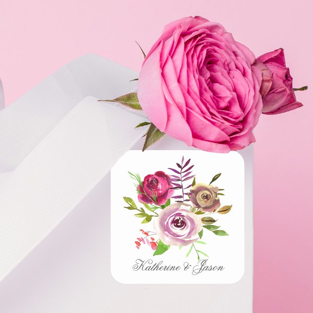Chic Fuchsia Pink Floral Romantic Garden Wedding Square Sticker (Creator Uploaded)