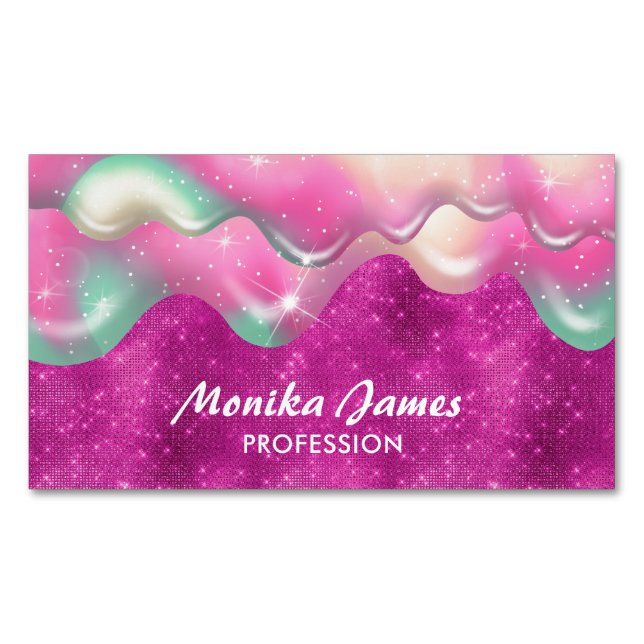 Chic Fuchsia Pink Sweet Drip Faux Glitter Monogram Magnetic Business Card (Front)
