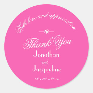Chic Fuchsia Pink White Script 'Thank You' Wedding Classic Round Sticker
