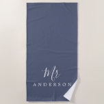Chic Future Mr Blue Indigo Monogram Beach Towel<br><div class="desc">Chic blue indigo monogrammed beach towel with the text Mr in white elegant script calligraphy. You can customise this luxurious beach towel with your married name. Perfect gift for the newlywed couple with the matching Mrs beach towel or for the bridal shower. Exclusively designed for you by Happy Dolphin Studio....</div>
