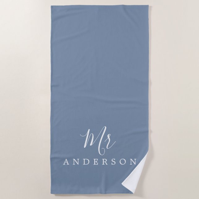 Chic Future Mr Faded Denim Blue Monogram Beach Towel (Front)