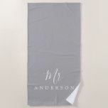 Chic Future Mr Grey Monogram Beach Towel<br><div class="desc">Chic grey monogrammed beach towel with the text Mr in white elegant script calligraphy. You can customise this luxurious beach towel with your married name. Perfect gift for the newlywed couple with the matching Mrs beach towel or for the bridal shower. Exclusively designed for you by Happy Dolphin Studio. If...</div>