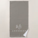 Chic Future Mr Grey Monogram Beach Towel<br><div class="desc">Chic grey monogrammed beach towel with the text Mr in white elegant script calligraphy. You can customise this luxurious beach towel with your married name. Perfect gift for the newlywed couple with the matching Mrs beach towel or for the bridal shower. Exclusively designed for you by Happy Dolphin Studio. If...</div>