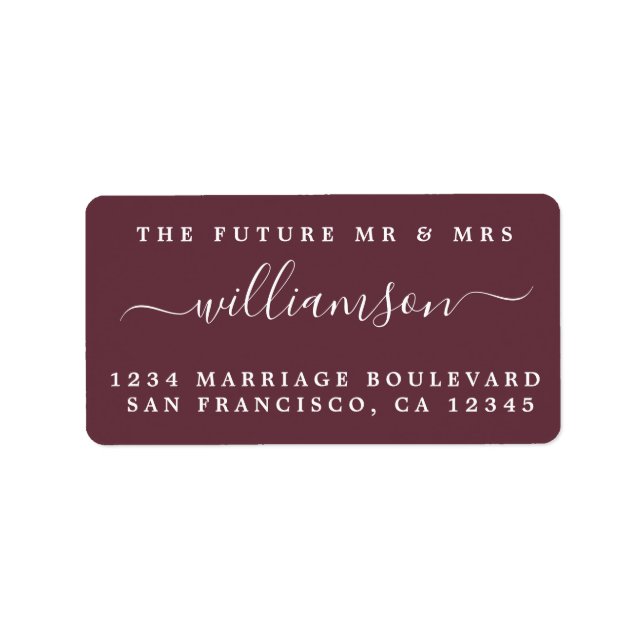 Chic Future Mr Mrs Burgundy Wedding Return Address Label (Front)