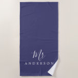 Chic Future Mr Navy Blue Monogram Beach Towel<br><div class="desc">Chic navy blue monogrammed beach towel with the text Mr in white elegant script calligraphy. You can customise this luxurious beach towel with your married name. Perfect gift for the newlywed couple with the matching Mrs beach towel or for the bridal shower. Exclusively designed for you by Happy Dolphin Studio....</div>