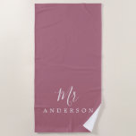 Chic Future Mr Purple Cassis Monogram Beach Towel<br><div class="desc">Chic purple cassis monogrammed beach towel with the text Mr in white elegant script calligraphy. You can customise this luxurious beach towel with your married name. Perfect gift for the newlywed couple with the matching Mrs beach towel or for the bridal shower. Exclusively designed for you by Happy Dolphin Studio....</div>