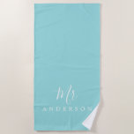 Chic Future Mr Turquoise Monogram Beach Towel<br><div class="desc">Chic monogrammed beach towel with the text Mr in white elegant script calligraphy on a turquoise blue background. You can customise this luxurious beach towel with your married name. Perfect gift for the newlywed couple with the matching Mrs beach towel or for the bridal shower. Exclusively designed for you by...</div>