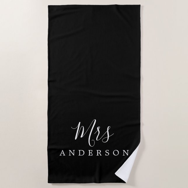 Chic Future Mrs Black and White Monogram Beach Towel (Front)
