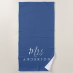 Chic Future Mrs Classic Blue Monogram Beach Towel<br><div class="desc">Chic monogrammed beach towel with the text Mrs in white elegant script calligraphy on a classic blue background. You can customise this luxurious beach towel with your married name. Perfect gift for the newlywed couple with the matching Mr beach towel or for the bridal shower. Exclusively designed for you by...</div>