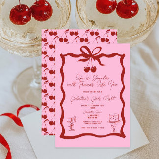 Chic Galentine's Day Bow Pink and Cherry Red Invitation