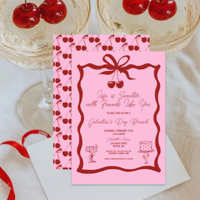 Chic Galentine's Day Bow Pink and Cherry Red Invitation (Life is Sweeter with Friends Like You Galentine's Day Brunch Invitation, Girls Night Out, Valentines)