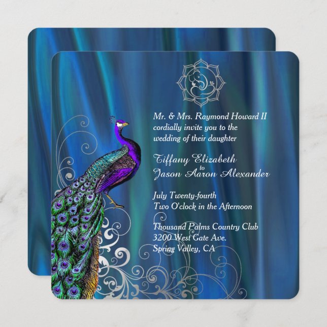 Chic Ganesha 2 Blue Satin and Peacock Wedding Invitation (Front/Back)