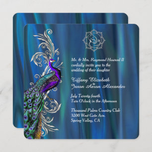 Chic Ganesha 3 Blue Satin and Peacock Wedding  Invitation