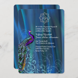 Chic Ganesha Blue Satin and Peacock Wedding  Invit Invitation