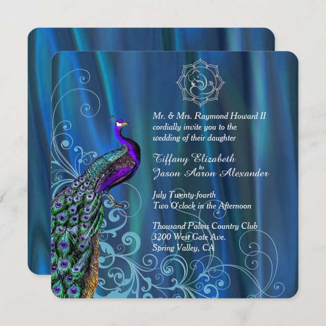 Chic Ganesha Blue Satin and Peacock Wedding  Invitation (Front/Back)