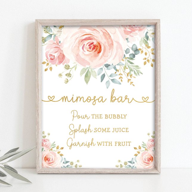 Chic Garden Blush Pink Floral Greenery Mimosa Bar Poster (Creator Uploaded)