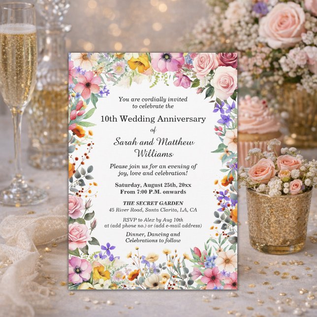 Chic Garden Flowers 10th Wedding Anniversary Invitation (Creator Uploaded)